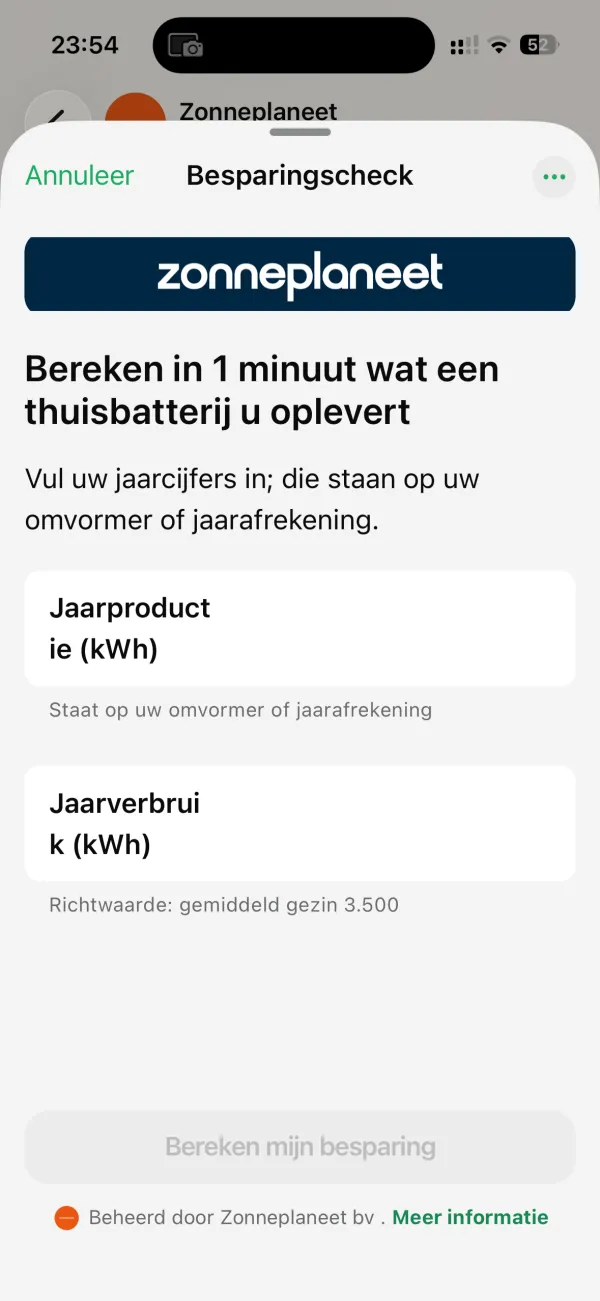 Invulscherm van Zonneplaneet: logo bovenin, kop over besparing thuisbatterij, en velden voor jaarproductie en jaarverbruik in kWh.