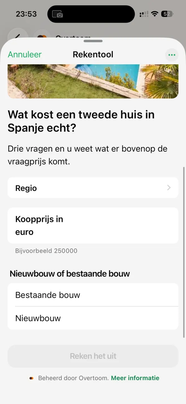 Invulscherm van de Spanje-rekentool: keuzelijst 'Regio', veld 'Koopprijs in euro', en keuze tussen 'Bestaande bouw' en 'Nieuwbouw'.